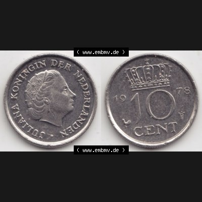 Münzen Niederlande Umlaufmünze 1950-1980, 10 Cent 1978, Bild mit horizontaler Vollansicht als Bildmaterial Sammlung