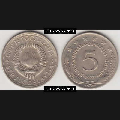 Münzen Jugoslawien Umlaufmünze 1971-1981, 5 Dinar 1972, Bild mit Vollansicht als Bildmaterial Sammlung