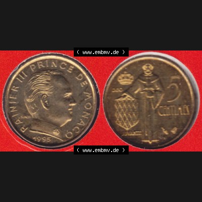 Münzen Monaco Umlaufmünze 1976-1995, 5 Centimes 1995. Vorderseite und Rückseite horizontal nebeneinander auf einen digitalen Bild zum herunterladen, einer alten Umlaufmünze... Sammlung