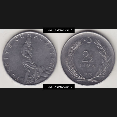 Münzen Türkei Umlaufmünze 1969-1980, 2-1-2 Lira 1970, Bild mit Vollansicht als Bildmaterial Sammlung