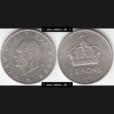 Münzen Norwegen Umlaufmünze 1974-1991, 1 Krone 1981, Münze aus Norwegen mit Münzseiten Horizontal / Nebeneinander auf einen Bild für Mobile-Geräte als Bildmaterial... Sammlung