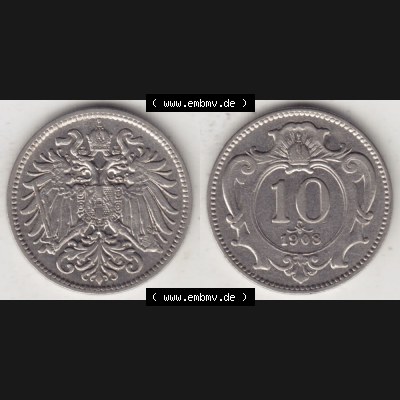 Münzen Österreich Umlaufmünze 1892-1911, 10 Heller 1908, Münze aus Österreich mit Münzseiten Horizontal / Nebeneinander auf einen Bild für Mobile-Geräte... Sammlung