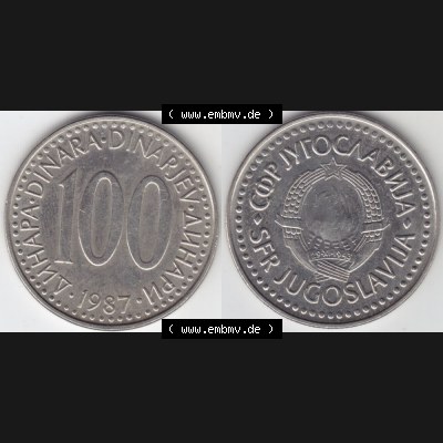 Münzen Jugoslawien Umlaufmünze 1985-1988, 100 Dinara, Dinarjev 1985, Bild mit Vollansicht als Bildmaterial Sammlung