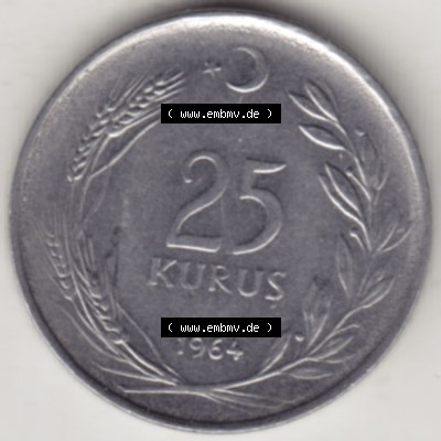 Münzen Türkei Umlaufmünze 1960-1966, 25 Kurus 1964. Rückseite der Münze der Türkei als Bildmaterial für Sammler und Münzen-Webseiten hier im online... Sammlung