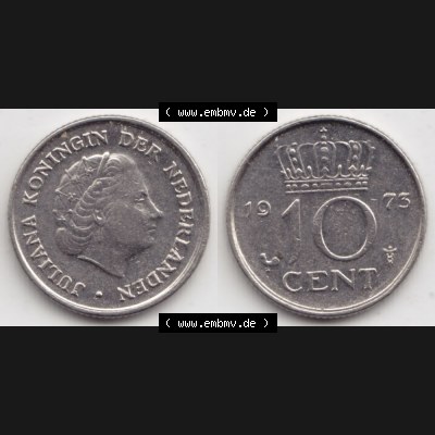 Münzen Niederlande Umlaufmünze 1950-1980, 10 Cent 1973, Bild mit horizontaler Vollansicht als Bildmaterial Sammlung