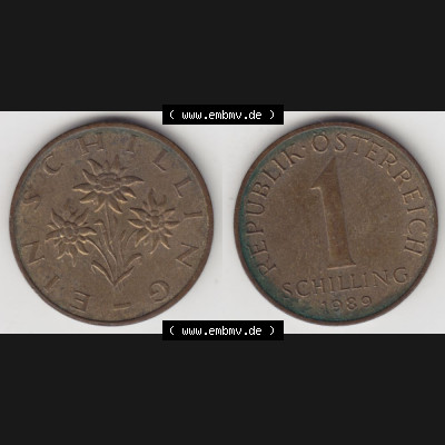 Münzen Österreich Umlaufmünze 1959-2001, 1 Schilling 1989, Münze aus Österreich mit Münzseiten Horizontal / Nebeneinander auf einen Bild für Mobile-Geräte... Sammlung