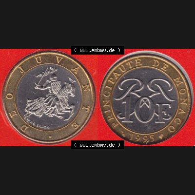 Münzen Monaco Umlaufmünze 1989-2000, 10 Francs 1995. Vorderseite und Rückseite horizontal nebeneinander auf einen digitalen Bild zum herunterladen, einer alten Umlaufmünze... Sammlung