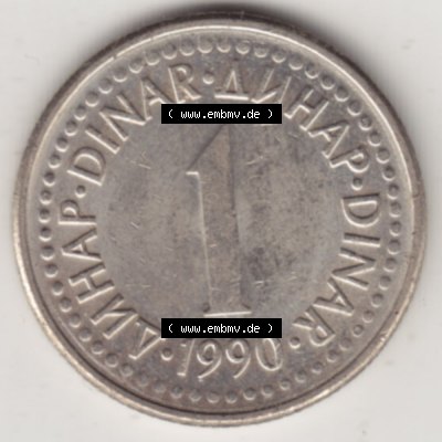 Münzen Jugoslawien Umlaufmünze 1990-1991, 1 Dinar 1990, Bild mit Rückseite der Münze als Bildmaterial Sammlung