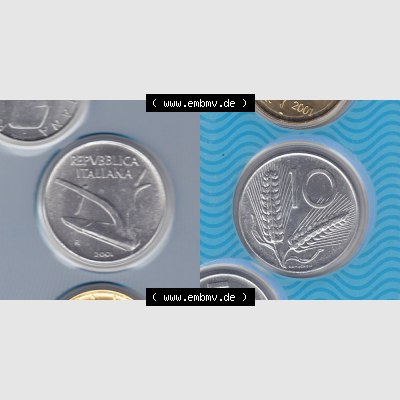 Münzen Italien Umlaufmünze 1951-2001, 10 Lira-Lire Kleine Münze 2001. Vorderseite und Rückseite horizontal auf einen digitalen Bild der alten italienischen Münze aus... Sammlung