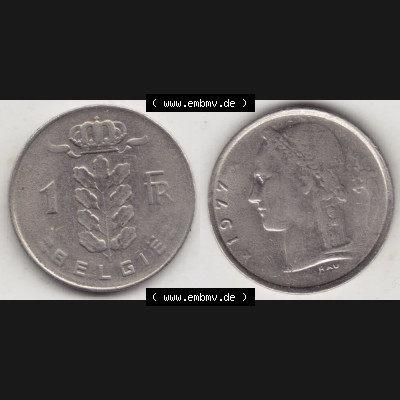 Münzen Belgien Umlaufmünze 1950-1988, 1 Francs-Franken 1977 Belgie. Vorderseite und Rückseite horizontal auf einen digitalen Bild der alten belgischen Francs Umlaufmünze... Sammlung