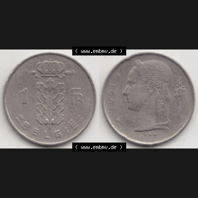 Münzen Belgien Umlaufmünze 1950-1988, 1 Francs-Franken 1951 Belgie. Vorderseite und Rückseite horizontal auf einen digitalen Bild der alten belgischen Francs Umlaufmünze... Sammlung