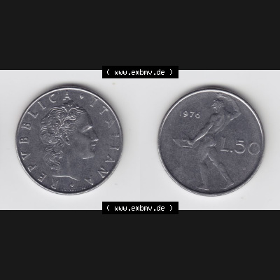Münzen Italien Umlaufmünze 1954-1989, 50 Lira, bzw. Lire 1976. Vorderseite und Rückseite horizontal auf einen digitalen Bild der alten italienischen Münze... Sammlung