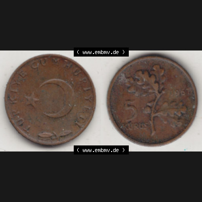 Münzen Türkei Umlaufmünze 1958-1968, 5 Kurus 1967, Bild mit Vollansicht als Bildmaterial Sammlung