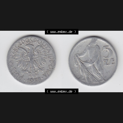 Münzen Polen Umlaufmünze 1958-1974, 5 Zlotych 1958, Bild mit Vollansicht als Bildmaterial Sammlung
