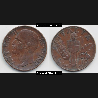 Münzen Italien Umlaufmünze 1936-1939, 10 Centesimi 1937, Bild mit Vollansicht zum Download Sammlung