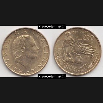 Münzen Italien Gedenkmünze 1999-1999, 200 Lire Carabinieri, Schutz der Kunsterbe, Bild mit Vollansicht zum Download Sammlung
