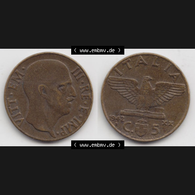 Münzen Italien Umlaufmünze 1939-1943, 5 Centesimi 1942. Vorderseite und Rückseite horizontal auf einen digitalen Bild der alten italienischen Münze aus Italien in der italienischen... Sammlung