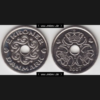 Münzen Dänemark Umlaufmünze 2007, 2 Kroner, Kronen. Vorderseite und Rückseite horizontal auf einen digitalen Bild der alten dänischen Umlaufmünze aus Dänemark... Sammlung