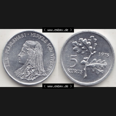 Münzen Türkei Gedenkmünze 1975-1975, 5 Kurus 1975, FAO - Familienplanung, Bild mit Vollansicht als Bildmaterial Sammlung