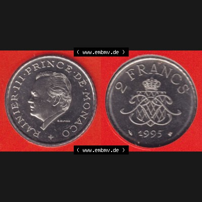Münzen Monaco Umlaufmünze 1995-1995, 2 Francs 1995. Vorderseite und Rückseite horizontal nebeneinander auf einen digitalen Bild zum herunterladen, einer alten Umlaufmünze... Sammlung