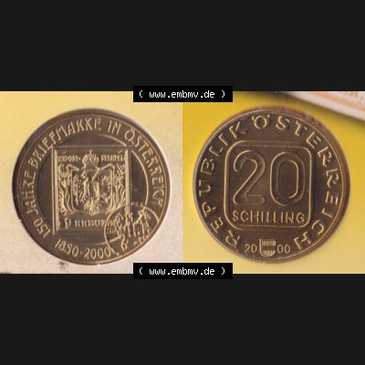 Münzen Österreich Umlaufmünze 2000-2000, 20 Schilling 150 Jahre Briefmarken, Münze aus Österreich mit Münzseiten Horizontal / Nebeneinander auf einen Bild... Sammlung