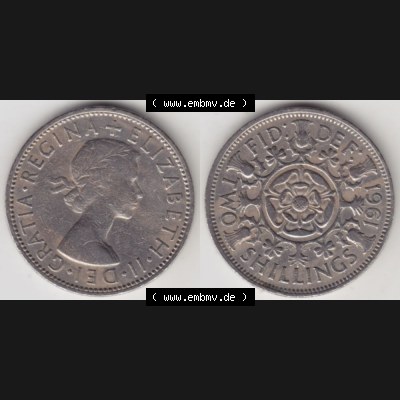 Münzen Großbritannien Umlaufmünze 1954-1970, 2 Schilling-Florin 1961. Vorderseite und Rückseite horizontal auf einen digitalen Bild der alten britischen Münze aus... Sammlung