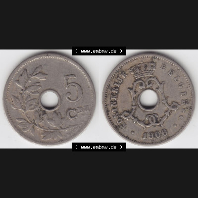 Münzen Belgien Umlaufmünze 1904-1907, 5 Cen, Centimes Koninkrijk Belgie. Vorderseite und Rückseite horizontal auf einen digitalen Bild der alten belgischen Francs Umlaufmünze... Sammlung