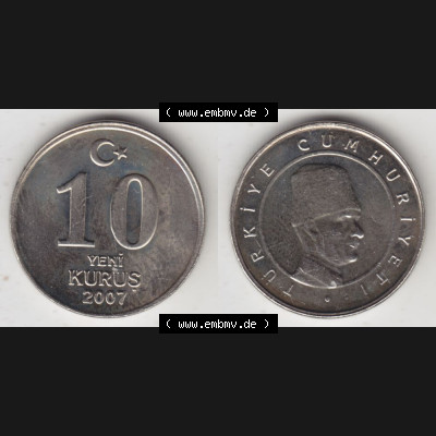 Münzen Türkei Umlaufmünze 2005-2008, 10 Yeni Neue Kurus 2007. Vorderseite und Rückseite der Münze der Türkei auf einen Digitalen Bild, als Bildmaterial... Sammlung