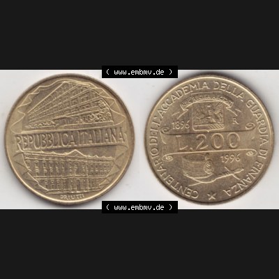 Münzen Italien Gedenkmünze 1996-1996, 200 Lire Zollakademie. Vorderseite und Rückseite horizontal auf einen digitalen Bild der alten italienischen Münze aus Italien in... Sammlung