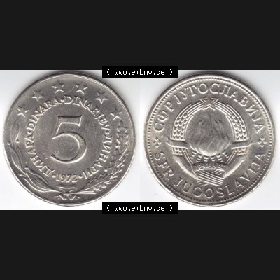 Münzen Jugoslawien Umlaufmünze 1971-1981, 5 Dinara, Dinarjev 1972, Bild mit Vollansicht als Bildmaterial Sammlung