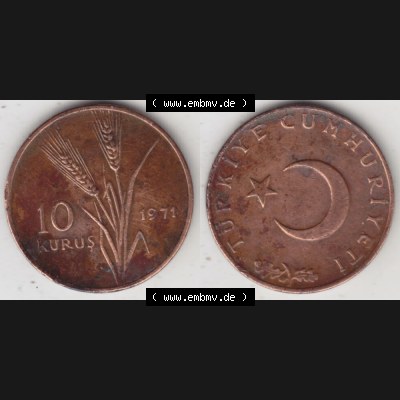 Münzen Türkei Umlaufmünze 1969-1973, 10 Kurus 1971. Vorderseite und Rückseite der Münze der Türkei auf einen Digitalen Bild, als Bildmaterial für Sammler... Sammlung