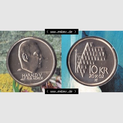 Münzen Norwegen Umlaufmünze 1995-2012, 10 KR, Kronen 2002, Münze aus Norwegen mit Münzseiten Horizontal / Nebeneinander auf einen Bild für Mobile-Geräte... Sammlung