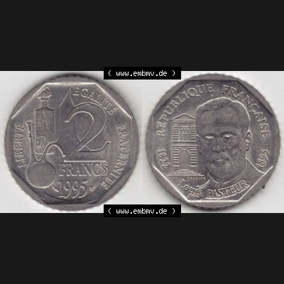Münze Frankreich 1995-1995, 2 France Louis Rasteur. Vorderseite und Rückseite horizontal auf einen digitalen Bild der alten französischen Umlaufmünze aus Frankreich in... Sammlung