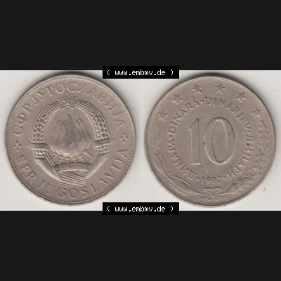 Münzen Jugoslawien Umlaufmünze 1976-1981, 10 Dinar 1977, Bild mit Vollansicht als Bildmaterial Sammlung