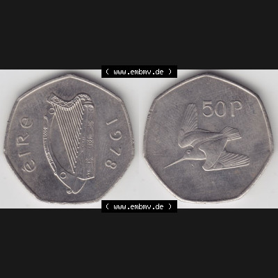 Münzen Irland Umlaufmünze 1970-2000, 50 Pence 1978. Vorderseite und Rückseite horizontal auf einen digitalen Bild der alten irischen Umlaufmünze aus Irland in Irische Pfund-Währung... Sammlung