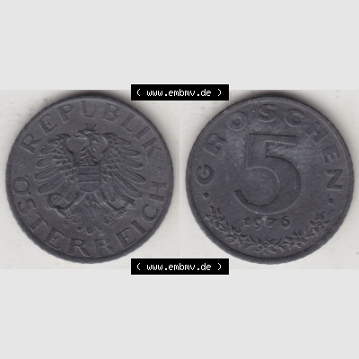 Münzen Österreich Umlaufmünze 1948-1994, 5 Groschen 1976, Münze aus Österreich mit Münzseiten Horizontal / Nebeneinander auf einen Bild für Mobile-Geräte... Sammlung