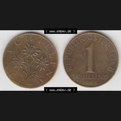 Münzen Österreich Umlaufmünze 1959-2001, 1 Schilling 1968, Münze aus Österreich mit Münzseiten Horizontal / Nebeneinander auf einen Bild für Mobile-Geräte... Sammlung