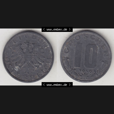 Münzen Österreich Umlaufmünze 1947-1949, 10 Groschen 1949 I., Münze aus Österreich mit Münzseiten Horizontal / Nebeneinander auf einen Bild für... Sammlung