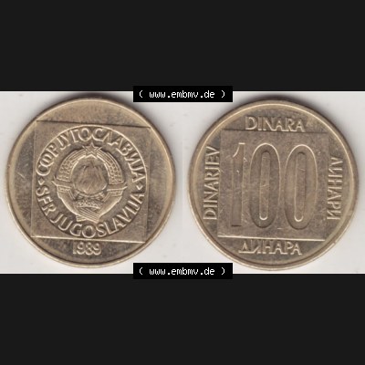 Münzen Jugoslawien Umlaufmünze 1988-1989, 100 Dinar 1989, Bild mit Vollansicht als Bildmaterial Sammlung