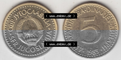 Münzen Jugoslawien Umlaufmünze 1982-1986, 5 Dinar 1983, Bild mit Vollansicht als Bildmaterial Sammlung