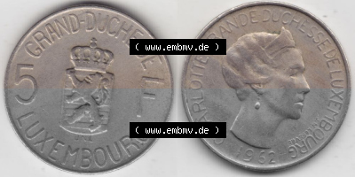 Münzen Luxemburg Umlaufmünze 1962-1962, 5 Franken - Francs 1962, Bild mit Vollansicht Sammlung