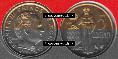 Münzen Monaco Umlaufmünze 1976-1995, 5 Centimes 1995. Vorderseite und Rückseite horizontal nebeneinander auf einen digitalen... Sammlung