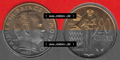 Münzen Monaco Umlaufmünze 1962-1995, 20 Centimes 1995 (3) Sammlung