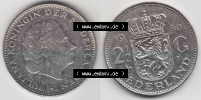 Münzen Niederlande Umlaufmünze 1969-1980, 2.50 Gulden 1980, Bild mit horizontaler Vollansicht als Bildmaterial Sammlung