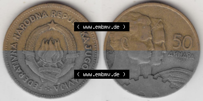 Münzen Jugoslawien Umlaufmünze 1955-1955, 50 Dinar 1955, Bild mit Vollansicht zum Download Sammlung