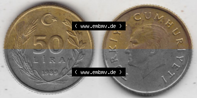 Münzen Türkei Umlaufmünze 1988-1994, 50 Lira - Lire 1989. Vorderseite und Rückseite der Münze der Türkei auf einen Digitalen... Sammlung
