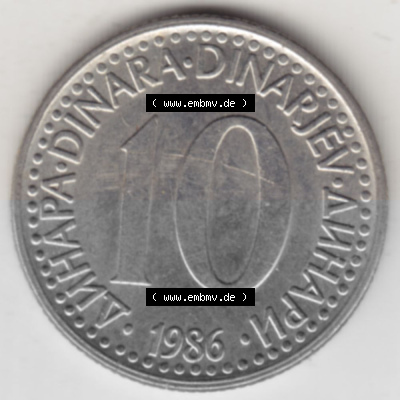 Münzen Jugoslawien Umlaufmünze 1982-1988, 10 Dinar 1986, Bild mit Rückseite der Münze als Bildmaterial Sammlung
