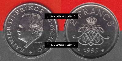 Münzen Monaco Umlaufmünze 1995-1995, 2 Francs 1995. Vorderseite und Rückseite horizontal nebeneinander auf einen digitalen... Sammlung