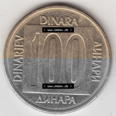 Münzen Jugoslawien Umlaufmünze 1988-1989, 100 Dinar 1989, Bild mit Rückseite der Münze als Bildmaterial Sammlung