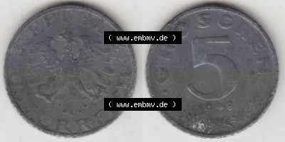 Münzen Österreich Umlaufmünze 1948-1994, 5 Groschen 1948, Münze aus Österreich -.-.- Sammlung